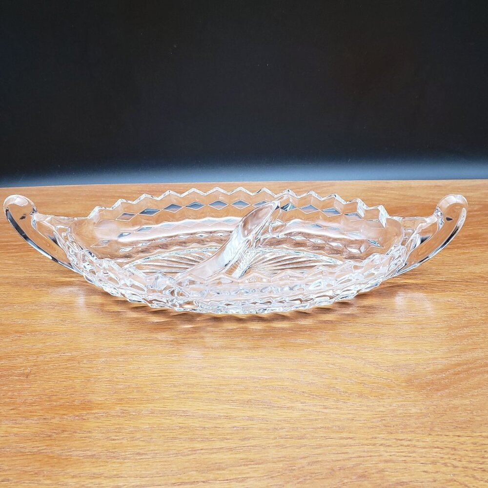 Fostoria American Clear Divided Relish Boat 12" Handled Oval Dish